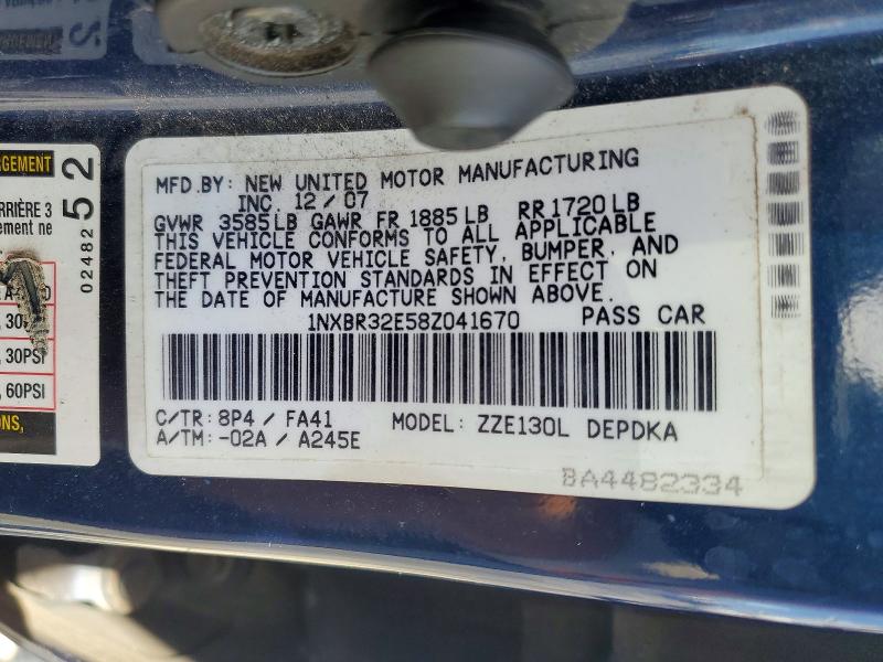2008 Toyota Corolla მანქანა იყიდება აუქციონზე, vin: 1NXBR32E58Z041670, აუქციონის ნომერი: 69440516