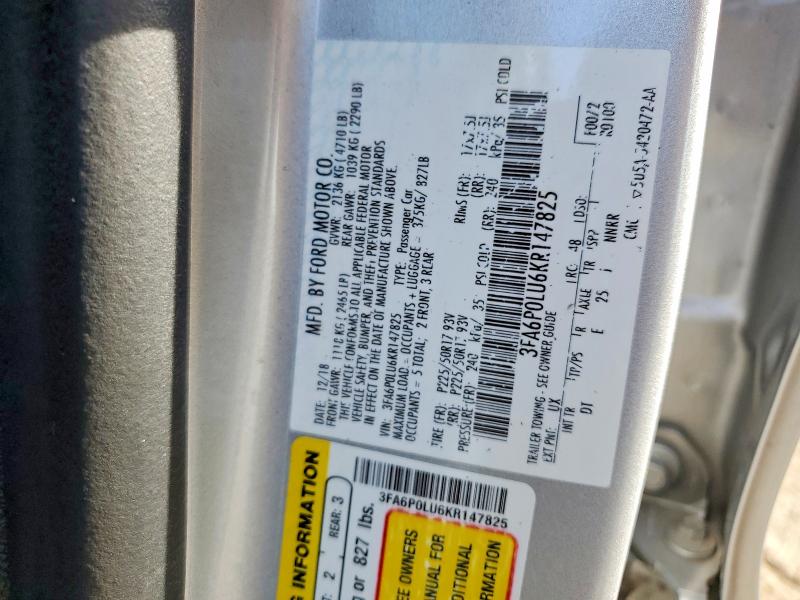 2019 Ford Fusion მანქანა იყიდება აუქციონზე, vin: 3FA6P0LU6KR147825, აუქციონის ნომერი: 67666626