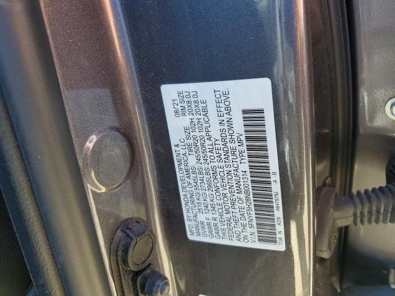 69726176 :رقم المزاد ، 5FNYF5H28NB001314 vin ، 2022 Honda Pilot مزاد بيع