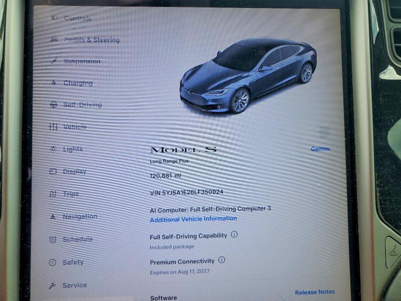 68519266 :رقم المزاد ، 5YJSA1E26LF350924 vin ، 2020 Tesla Model S مزاد بيع