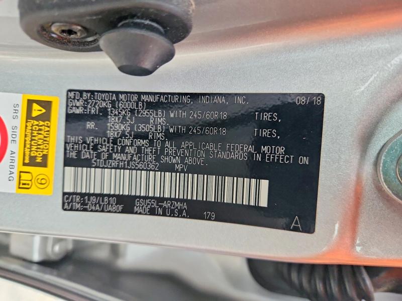 Aukcja sprzedaży 2018 Toyota Highlander, vin: 5TDJZRFH1JS560362, numer aukcji: 70517616
