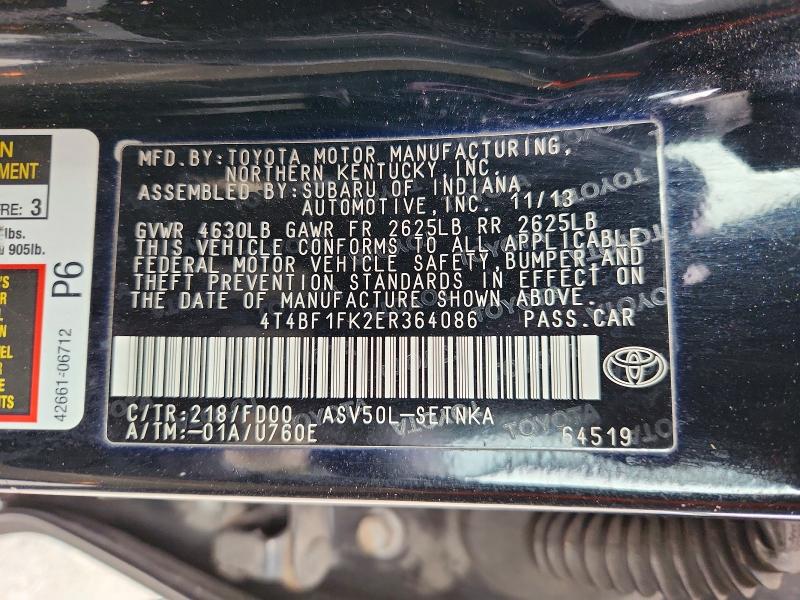 Продаж на аукціоні авто 2014 Toyota Camry, vin: 4T4BF1FK2ER364086, номер лоту: 70668286