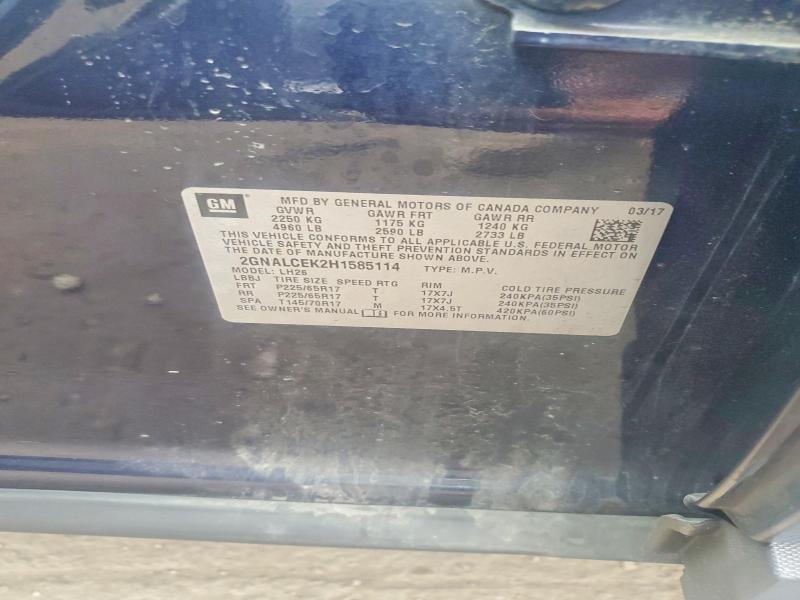 71088846 :رقم المزاد ، 2GNALCEK2H1585114 vin ، 2017 Chevrolet Equinox مزاد بيع