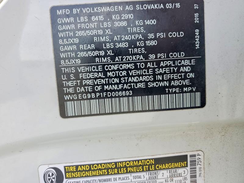 2015 Volkswagen Touareg მანქანა იყიდება აუქციონზე, vin: WVGEG9BP1FD006693, აუქციონის ნომერი: 68725946