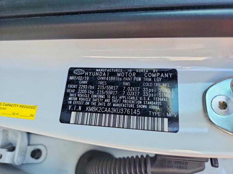 67385456 :رقم المزاد ، KM8K2CAA3KU376145 vin ، 2019 Hyundai Kona مزاد بيع