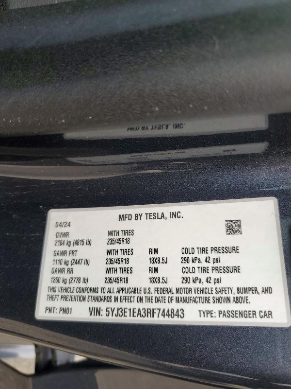 Продажа на аукционе авто 2024 Tesla Model 3, vin: 5YJ3E1EA3RF744843, номер лота: 67410696