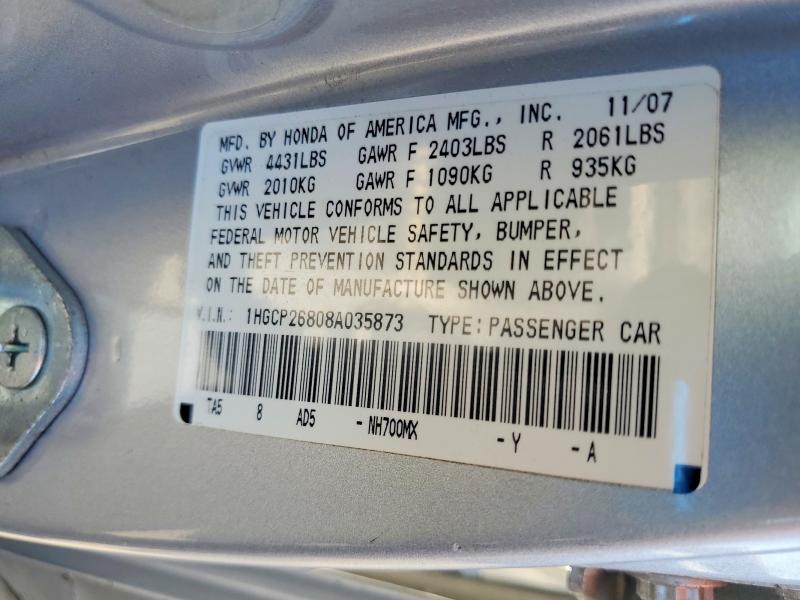 2008 Honda Accord მანქანა იყიდება აუქციონზე, vin: 1HGCP26808A035873, აუქციონის ნომერი: 70834376