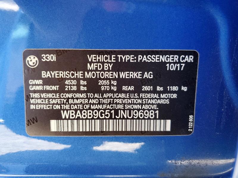 Aukcja sprzedaży 2018 Bmw 330, vin: WBA8B9G51JNU96981, numer aukcji: 67461166