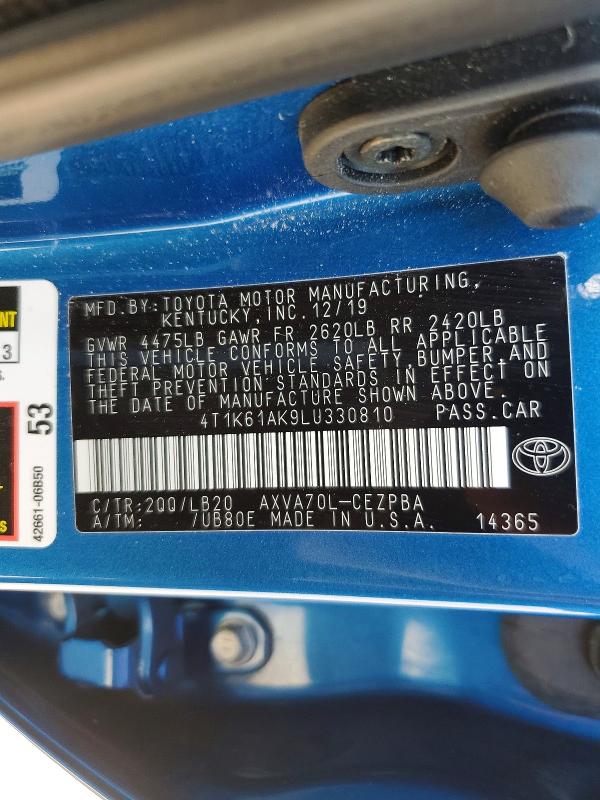 69018846 :رقم المزاد ، 4T1K61AK9LU330810 vin ، 2020 Toyota Camry مزاد بيع