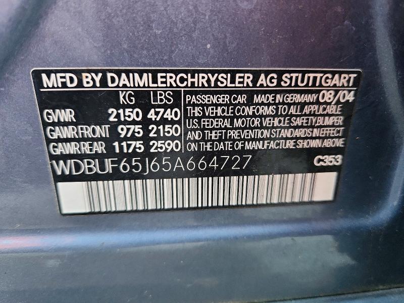 2005 Mercedes-benz E მანქანა იყიდება აუქციონზე, vin: WDBUF65J65A664727, აუქციონის ნომერი: 69136626