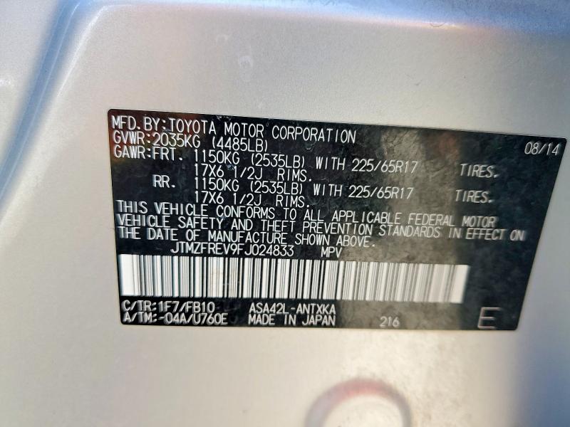 Aukcja sprzedaży 2015 Toyota Rav4, vin: JTMZFREV9FJ024833, numer aukcji: 69359066