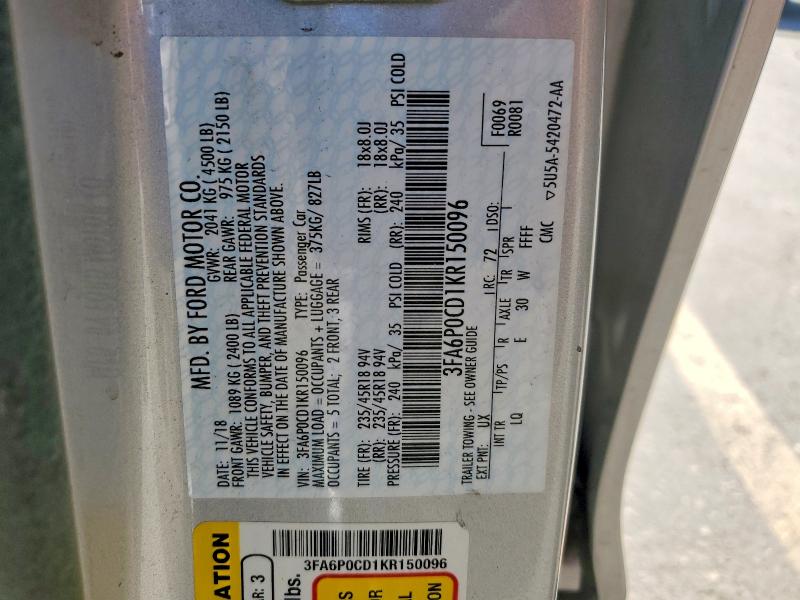 69001506 :رقم المزاد ، 3FA6P0CD1KR150096 vin ، 2019 Ford Fusion مزاد بيع