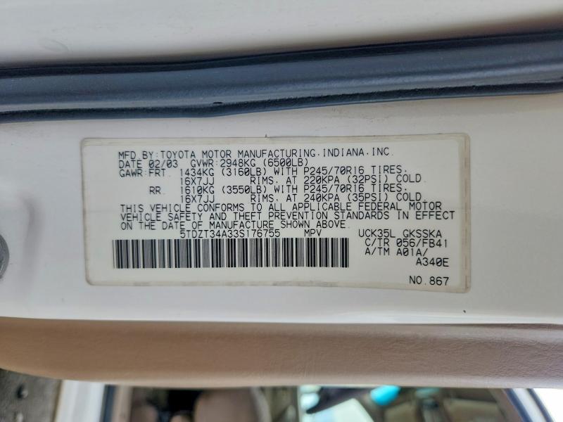 67373576 :رقم المزاد ، 5TDZT34A33S176755 vin ، 2003 Toyota Sequoia مزاد بيع