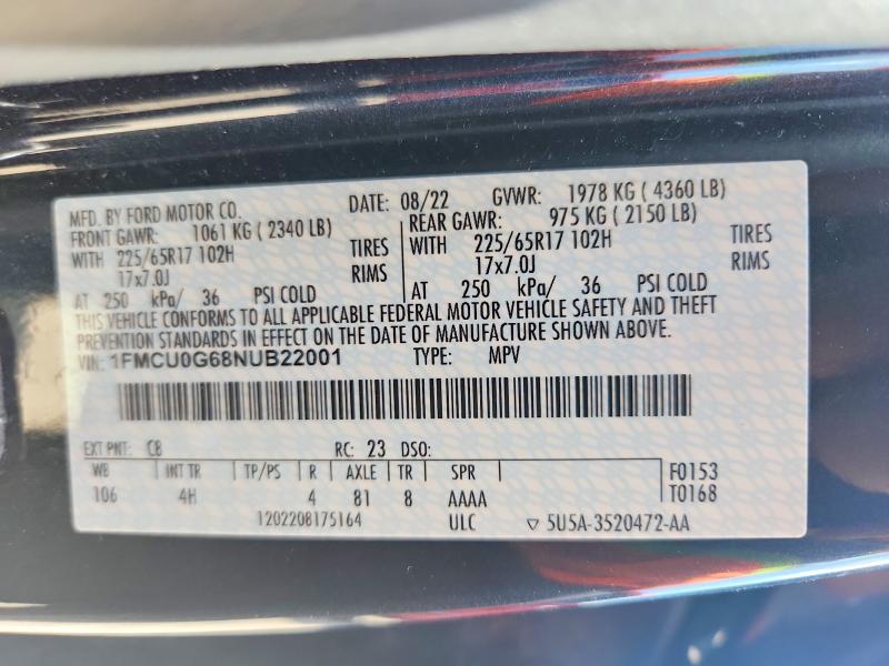 Продаж на аукціоні авто 2022 Ford Escape, vin: 1FMCU0G68NUB22001, номер лоту: 68226986