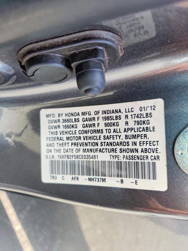 68354986 :رقم المزاد ، 19XFB2F58CE035481 vin ، 2012 Honda Civic مزاد بيع