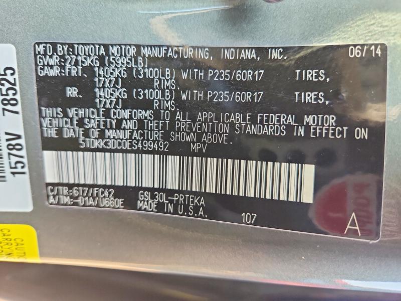67917746 :رقم المزاد ، 5TDKK3DC0ES499492 vin ، 2014 Toyota Sienna مزاد بيع