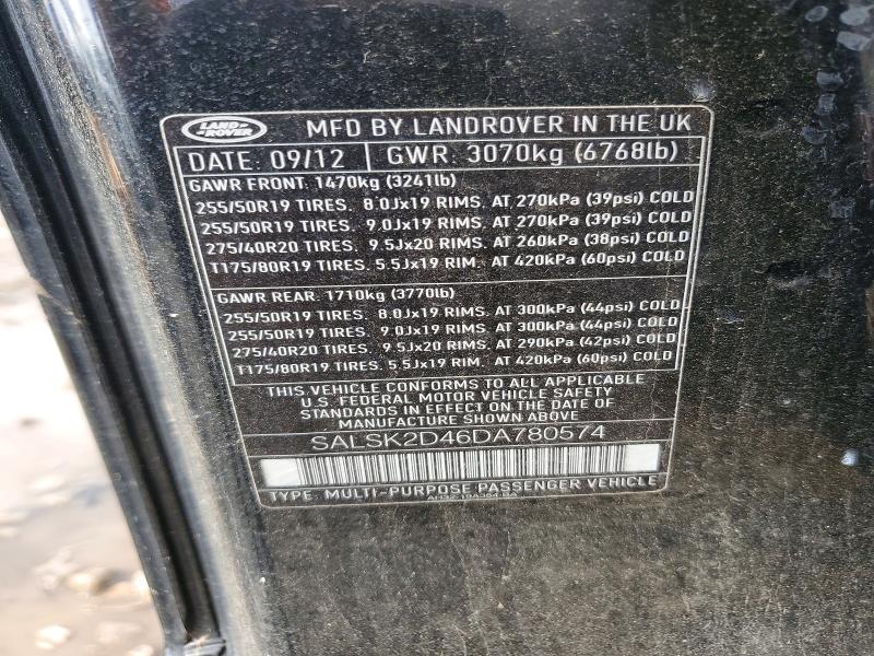 Auction sale of the 2013 Land Rover Range Rover Sport, vin: SALSK2D46DA780574, lot number: 69642526