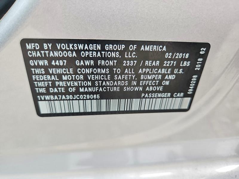 2018 Volkswagen Passat მანქანა იყიდება აუქციონზე, vin: 1VWBA7A30JC029065, აუქციონის ნომერი: 68558816