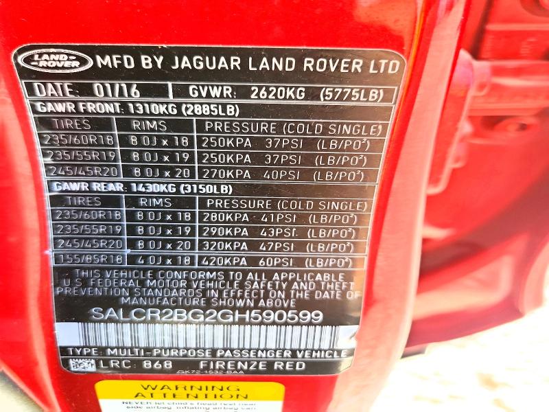 Aukcja sprzedaży 2016 Land Rover Discovery Sport, vin: SALCR2BG2GH590599, numer aukcji: 65493596
