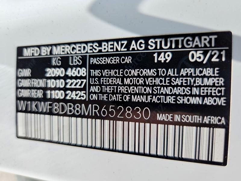 2021 Mercedes-benz C მანქანა იყიდება აუქციონზე, vin: W1KWF8DB8MR652830, აუქციონის ნომერი: 67490356