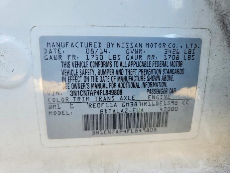 Aukcja sprzedaży 2015 Nissan Versa, vin: 3N1CN7AP4FL849808, numer aukcji: 70726726
