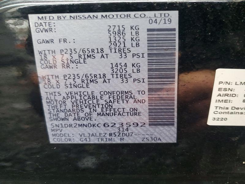 67352426 :رقم المزاد ، 5N1DR2MN0KC623592 vin ، 2019 Nissan Pathfinder مزاد بيع