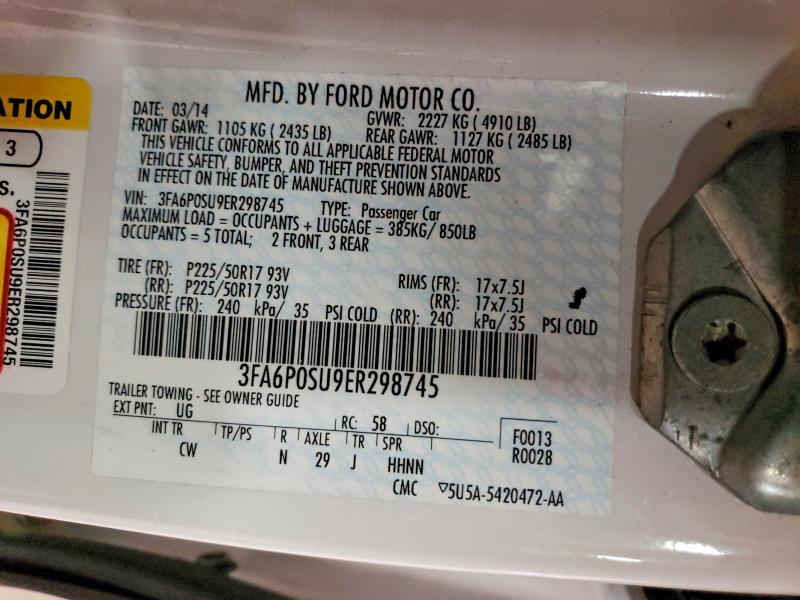2014 Ford Fusion მანქანა იყიდება აუქციონზე, vin: 3FA6P0SU9ER298745, აუქციონის ნომერი: 70797976