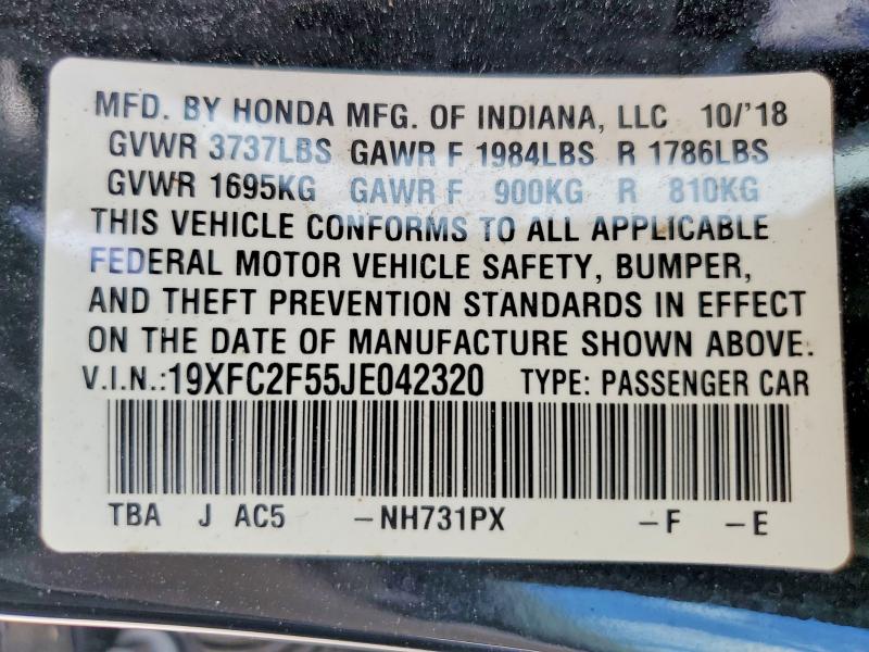 2018 Honda Civic მანქანა იყიდება აუქციონზე, vin: 19XFC2F55JE042320, აუქციონის ნომერი: 69759406