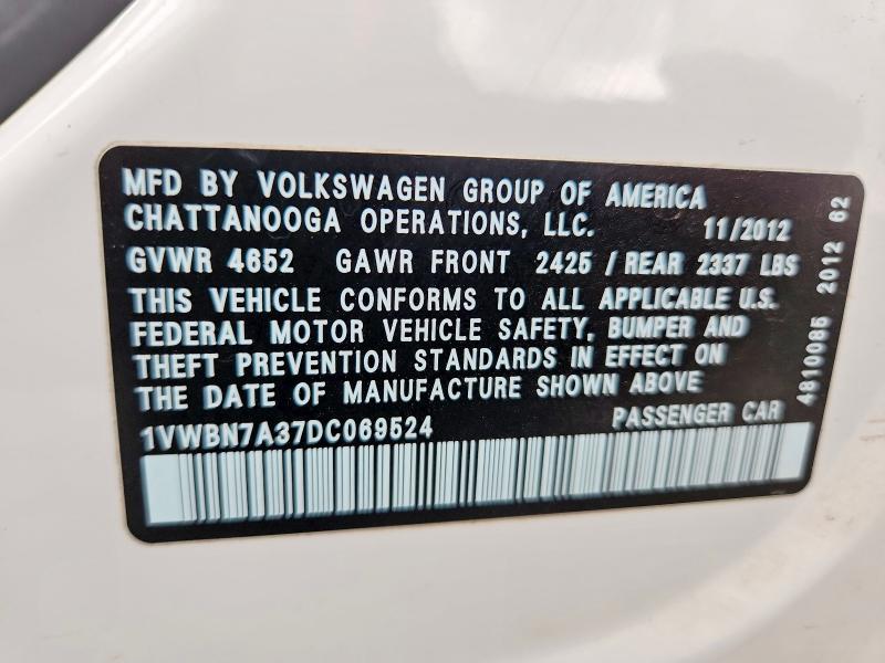 68852386 :رقم المزاد ، 1VWBN7A37DC069524 vin ، 2013 Volkswagen Passat مزاد بيع