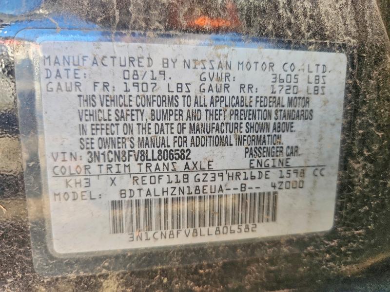 2020 Nissan Versa მანქანა იყიდება აუქციონზე, vin: 3N1CN8FV8LL806582, აუქციონის ნომერი: 70424246