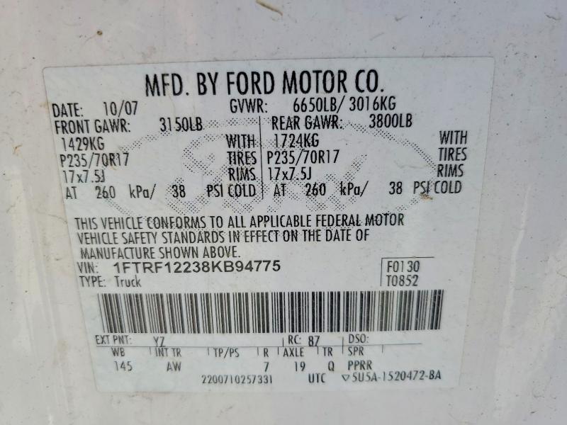 2008 Ford 150 მანქანა იყიდება აუქციონზე, vin: 1FTRF12238KB94775, აუქციონის ნომერი: 66895166