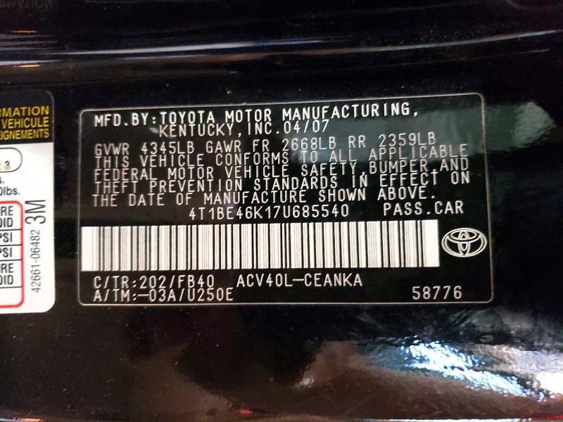 Auction sale of the 2007 Toyt Camry, vin: 4T1BE46K17U685540, lot number: 69060926