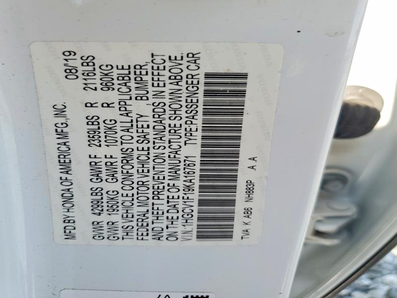 2019 Honda Accord მანქანა იყიდება აუქციონზე, vin: 1HGCV1F19KA167671, აუქციონის ნომერი: 69705726