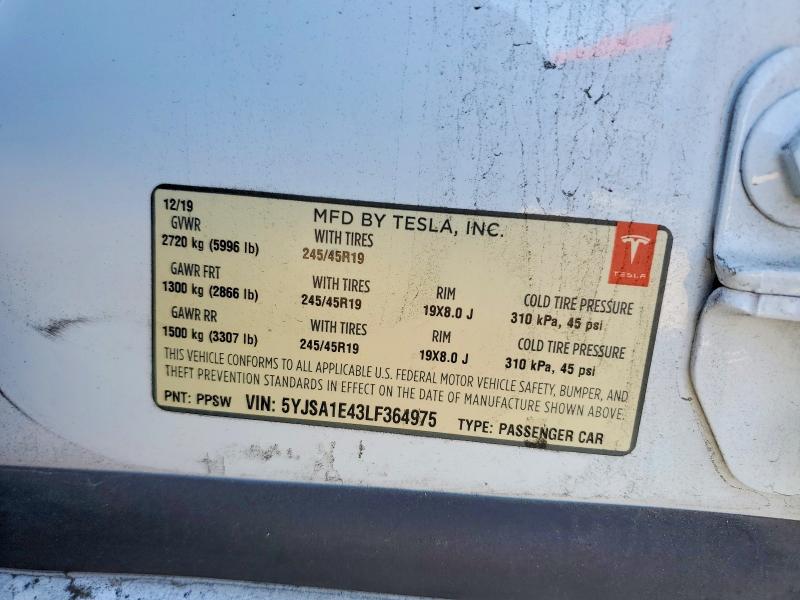 2020 Tesla Model S მანქანა იყიდება აუქციონზე, vin: 5YJSA1E43LF364975, აუქციონის ნომერი: 70090946