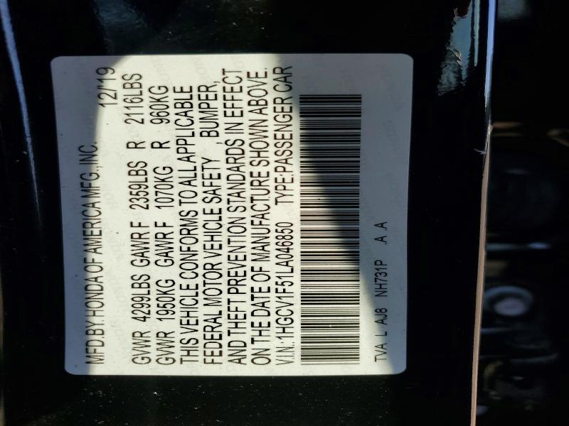 69009236 :رقم المزاد ، 1HGCV1F51LA046850 vin ، 2020 Honda Accord مزاد بيع