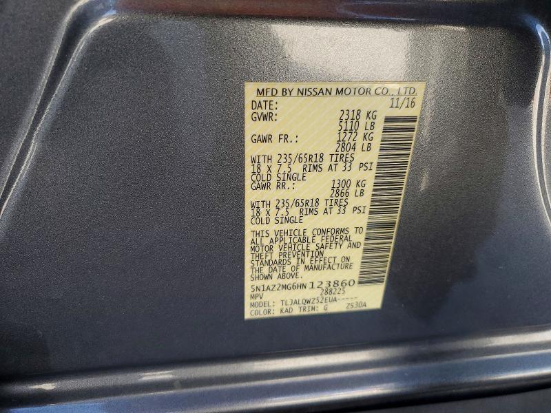 2017 Nissan Murano მანქანა იყიდება აუქციონზე, vin: 5N1AZ2MG6HN123860, აუქციონის ნომერი: 69369016