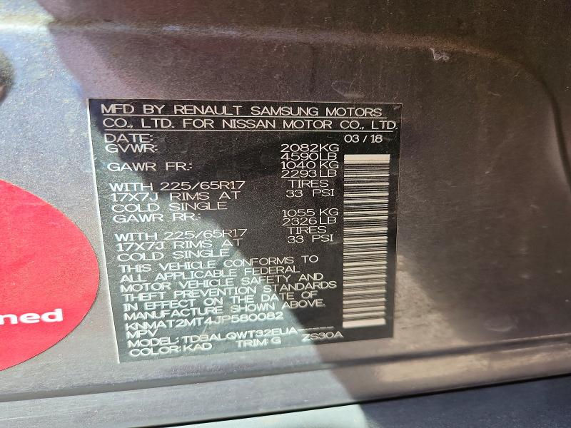 68989676 :رقم المزاد ، KNMAT2MT4JP580082 vin ، 2018 Nissan Rogue مزاد بيع