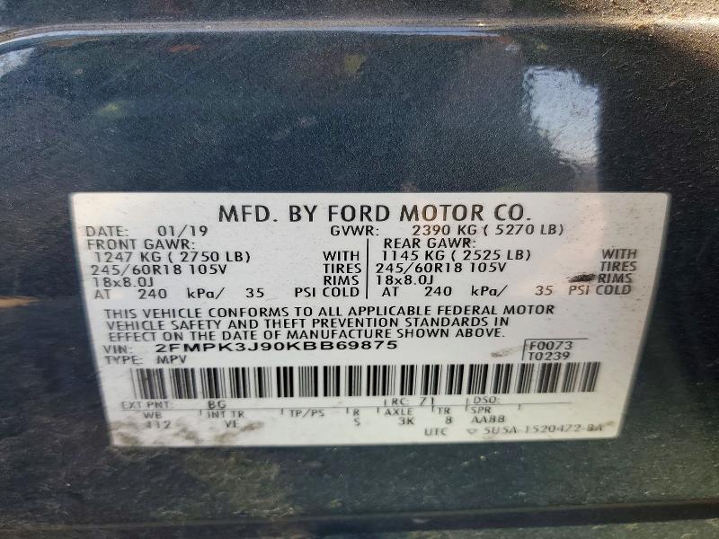 68095856 :رقم المزاد ، 2FMPK3J90KBB69875 vin ، 2019 Ford Edge مزاد بيع