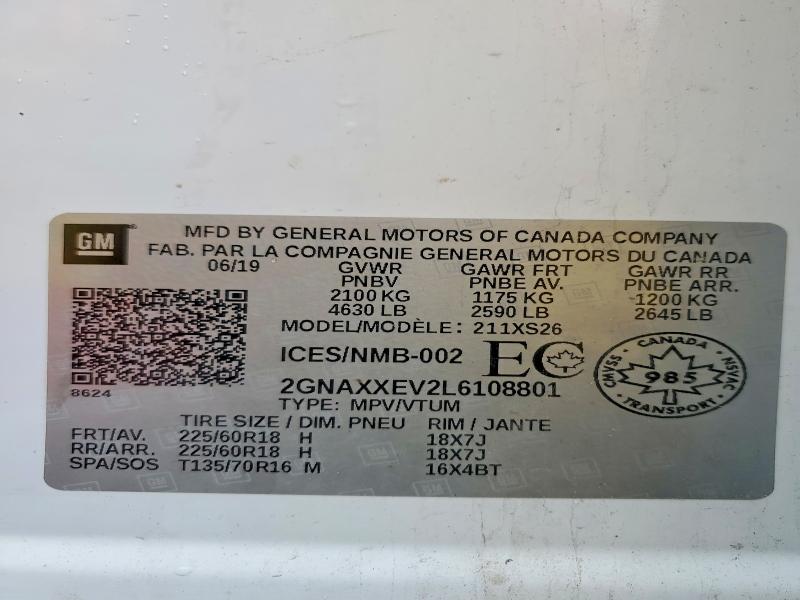 Aukcja sprzedaży 2020 Chevrolet Equinox, vin: 2GNAXXEV2L6108801, numer aukcji: 67135276