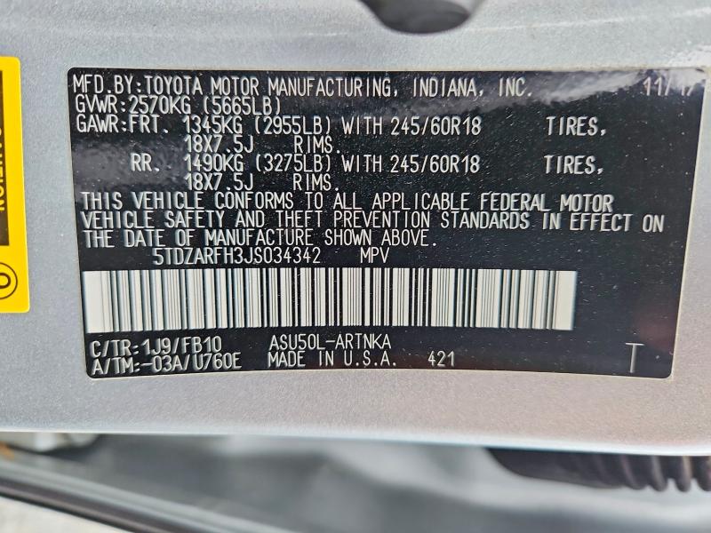 69427566 :رقم المزاد ، 5TDZARFH3JS034342 vin ، 2018 Toyota Highlander مزاد بيع