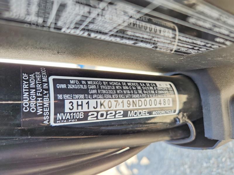 Aukcja sprzedaży 2022 Honda Nva110, vin: 3H1JK0719ND000480, numer aukcji: 70495296