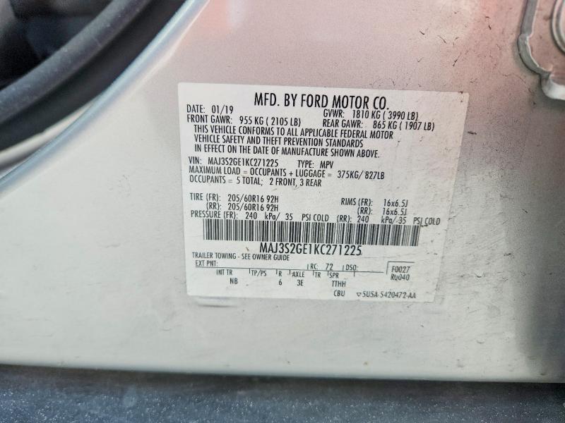 2019 Ford Ecosport მანქანა იყიდება აუქციონზე, vin: MAJ3S2GE1KC271225, აუქციონის ნომერი: 68381176
