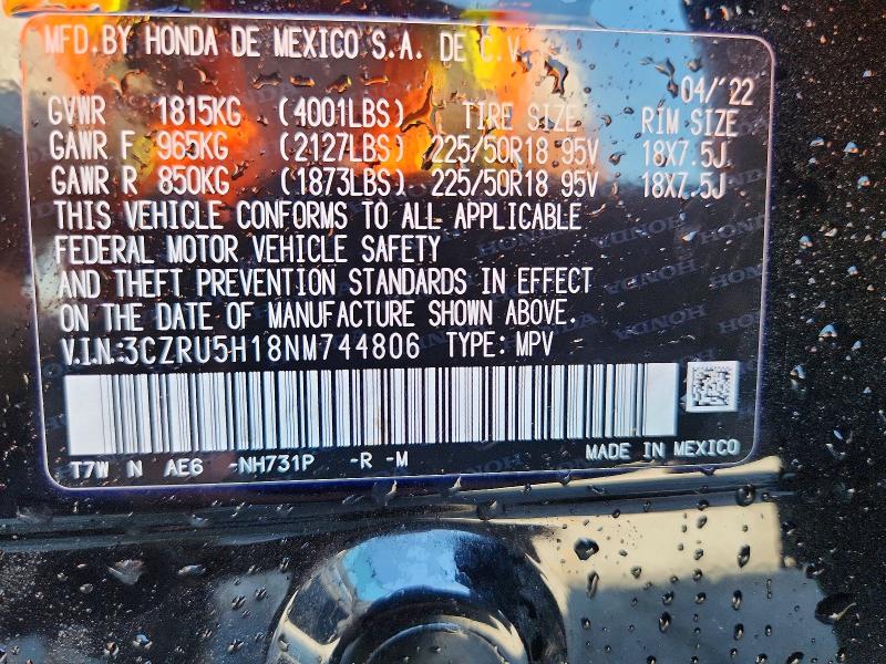 2022 Honda Hr-v მანქანა იყიდება აუქციონზე, vin: 3CZRU5H18NM744806, აუქციონის ნომერი: 67932196