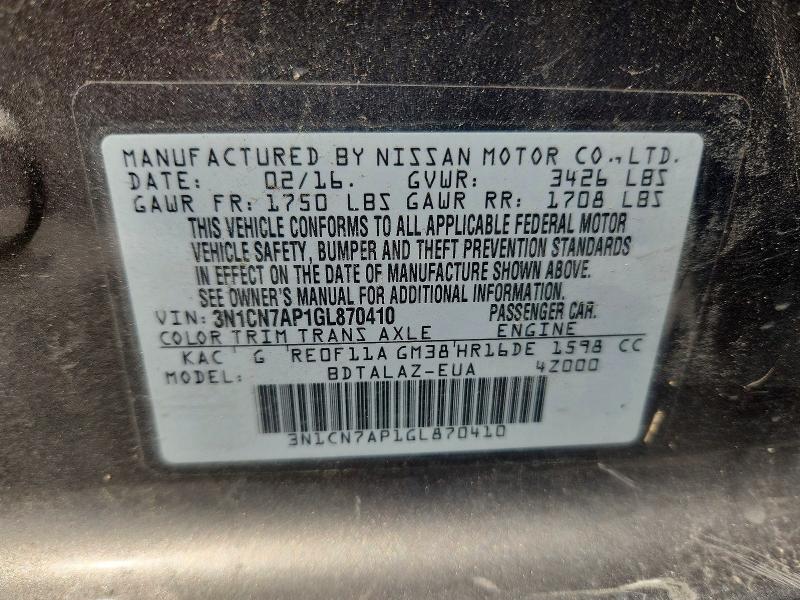 68397876 :رقم المزاد ، 3N1CN7AP1GL870410 vin ، 2016 Nissan Versa مزاد بيع