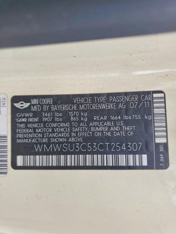 Продаж на аукціоні авто 2012 Mini Cooper, vin: WMWSU3C53CT254307, номер лоту: 67835026