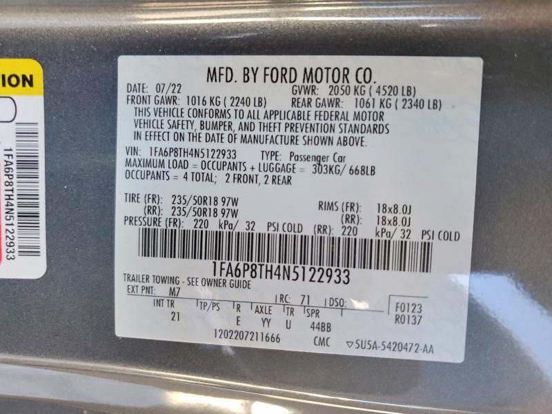 2022 Ford Mustang მანქანა იყიდება აუქციონზე, vin: 1FA6P8TH4N5122933, აუქციონის ნომერი: 68159676
