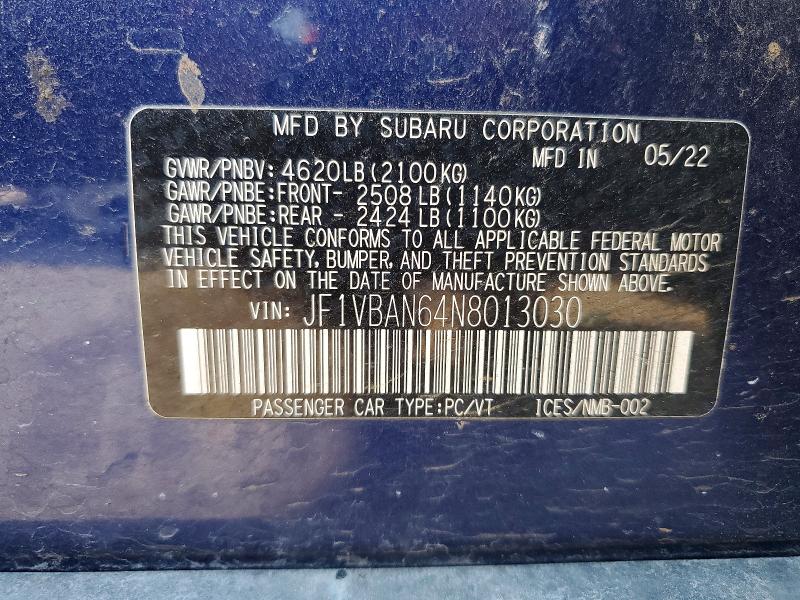 Продажа на аукционе авто 2022 Subaru Wrx, vin: JF1VBAN64N8013030, номер лота: 66592046