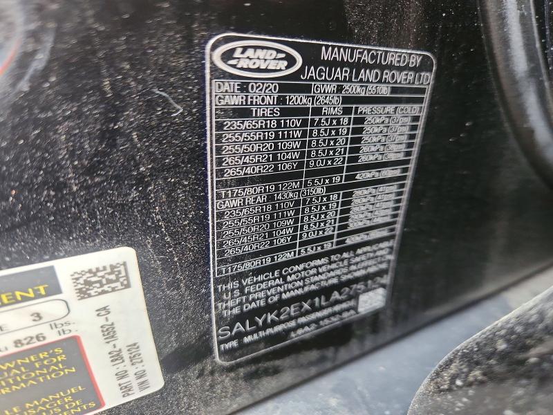 Aukcja sprzedaży 2020 Land Rover Range Rover Velar, vin: SALYK2EX1LA275124, numer aukcji: 68853826