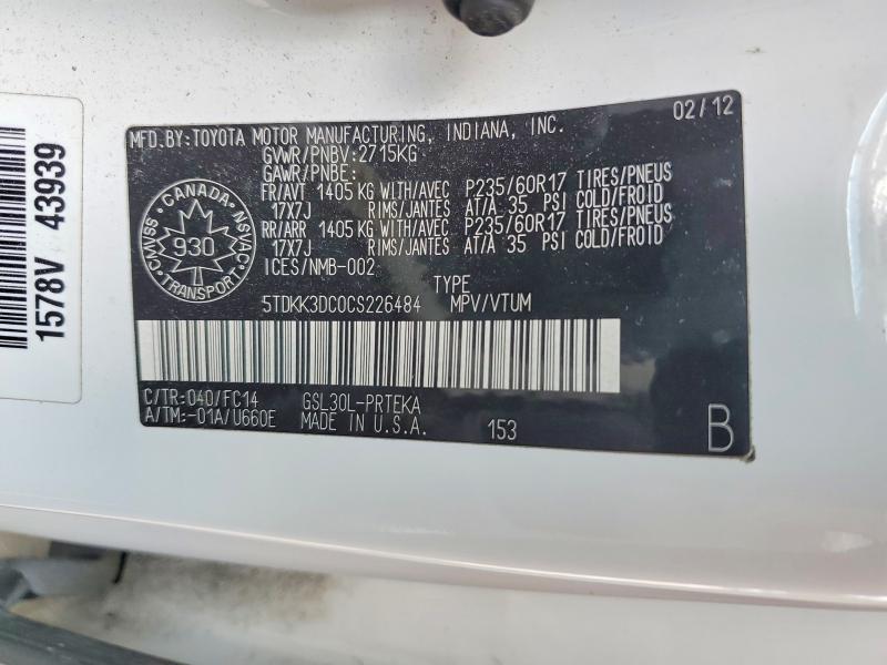 68337996 :رقم المزاد ، 5TDKK3DC0CS226484 vin ، 2012 Toyota Sienna مزاد بيع