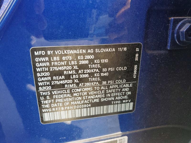 Aukcja sprzedaży 2017 Volkswagen Touareg, vin: WVGRF7BP8HD003804, numer aukcji: 68081886